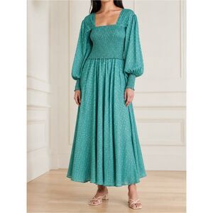 Abacaxi Eva Dress Teal Metallic Cotton Maxi Puff Sleeve Smocked Bodice Sz Large